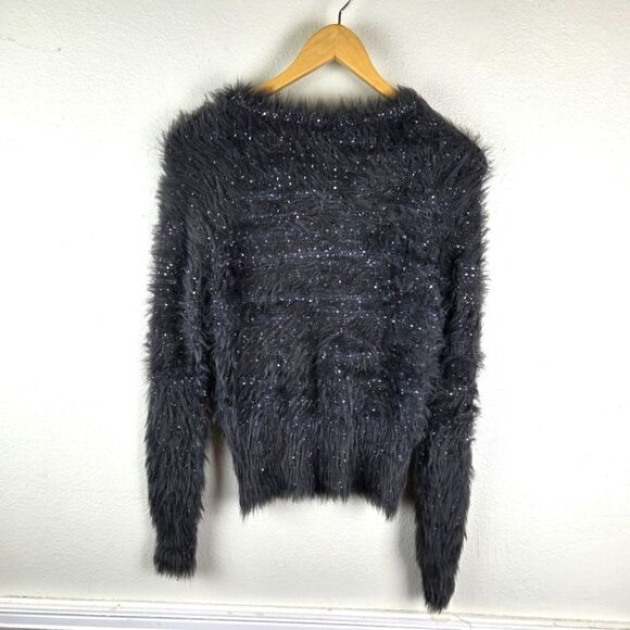 Women's Zara Knit Gray Stretchy Elegant Black Fuzzy Knit Sequin Sweater Sz Small - Picture 1 of 8